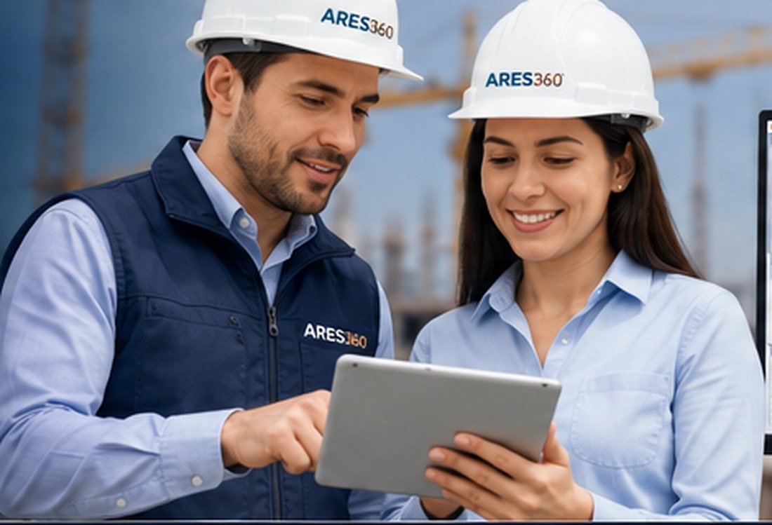 Profesionales de construcción revisando información técnica